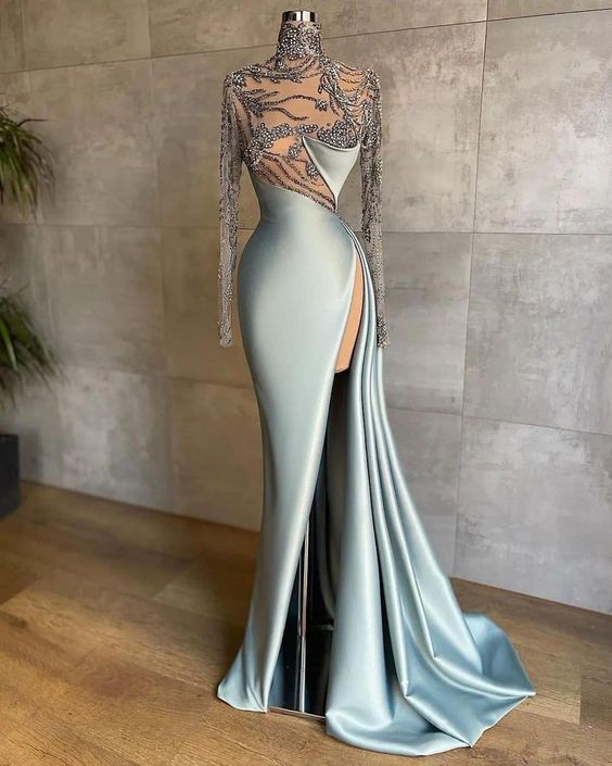 Formal Women's Dresses Sheath/Column V-Neck Long Sleeves Floor-Length Mother of the Bride Dresses With Pleats Prom Dresses Stores main image 0
