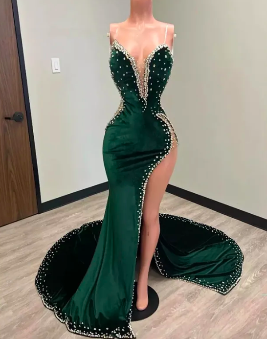 Hunter Green Velvet Prom Dresses African Aso Ebi Mermiad Evening Dress With Cape Slit Spaghetti Sparkly Beaded Abends