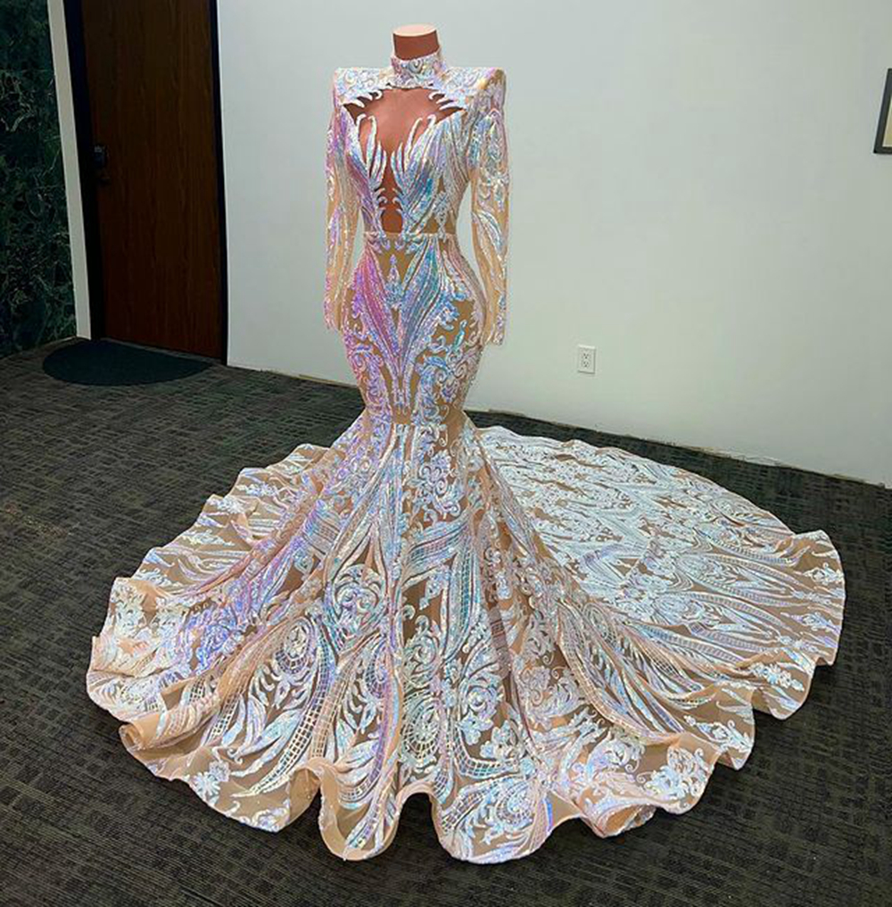 custom african prom dress Custom-made African Mermaid blue Mermaid prom dress with Ruffles, Illusion High Neck, Sequined Lace Appliques, and Long Sleeves for Evening Parties