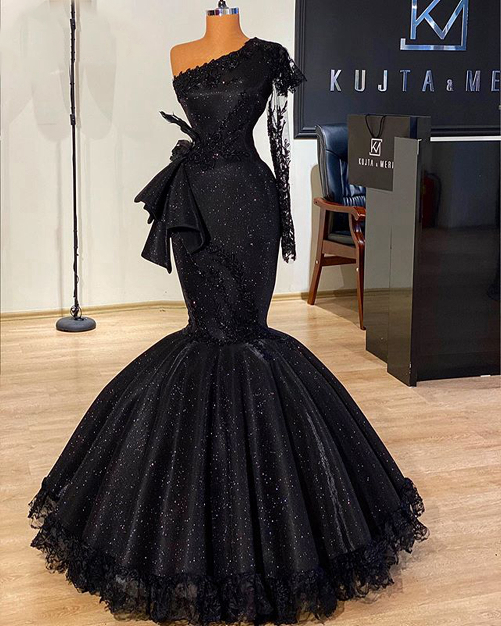 Long Black Evening Dress 2022 Mermaid Style Single Long Sleeve One Shoulder Glittery African Women Formal Gowns