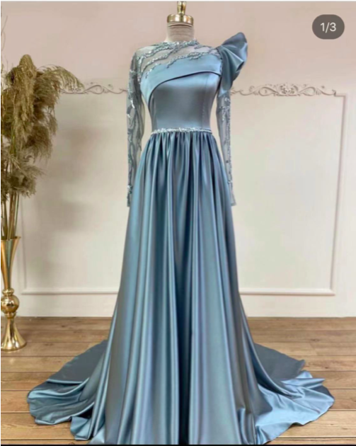 Blue Prom Dress, Beaded Prom Dress, 2023 Prom Dress. Long Sleeve Prom Dresses, Satin Evening Dress, A Line Prom Dress, Blue Formal Dresses,