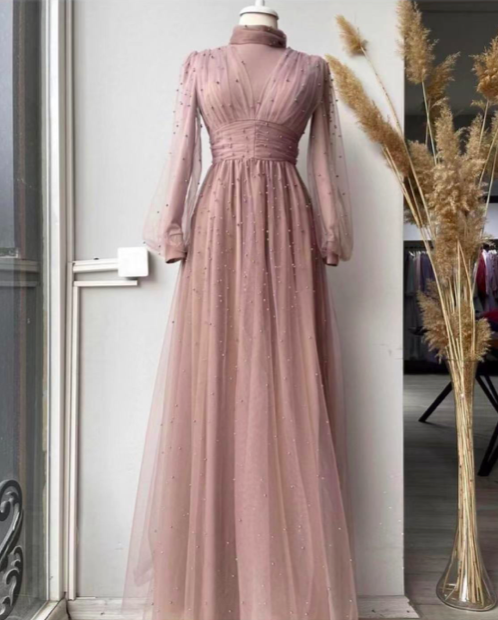 Pink Prom Dresses, Long Sleeve Prom Dresses, Pearls Prom Dresses, Custom Make Prom Dresses, Arabic Prom Dresses, Prom Dresses, Sexy Prom