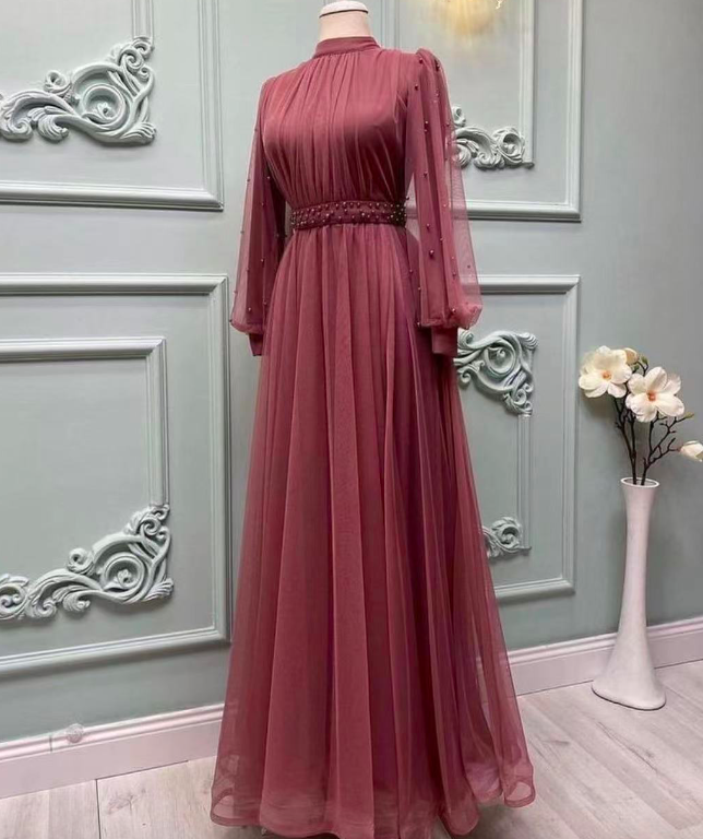 Red Prom Dress, High Neck Prom Dresses, Long Sleeve Prom Dresses, Pearls Prom Dresses, A Line Prom Dresses, Formal Dresses, Arabic Prom Dresses,