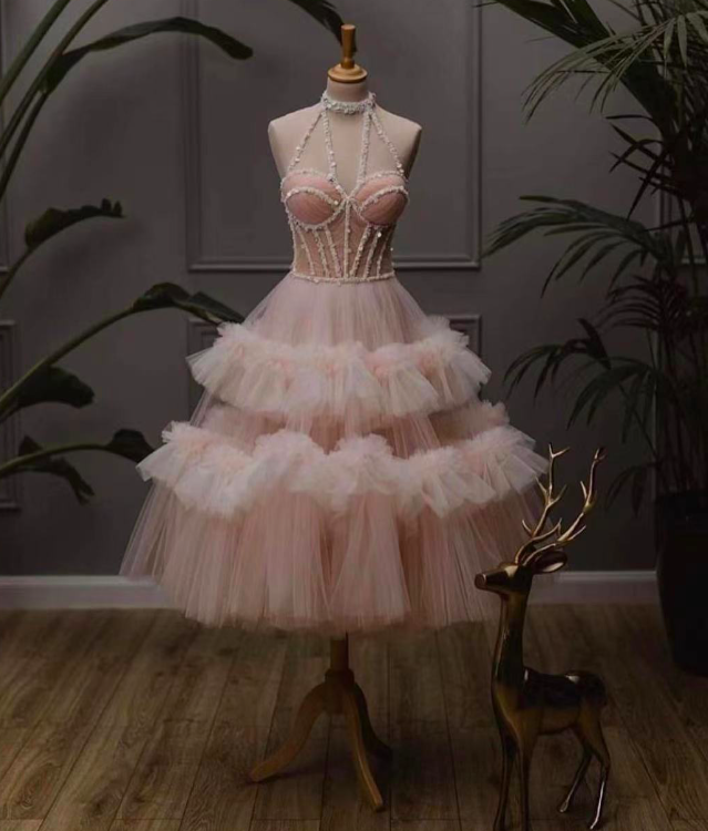 Pink Prom Dresses, Tulle Prom Dresses, Sexy Evening Dresses, Halter Prom Dresses, Arabic Prom Dresses, Ball Gown Formal Dresses, Sexy Evening