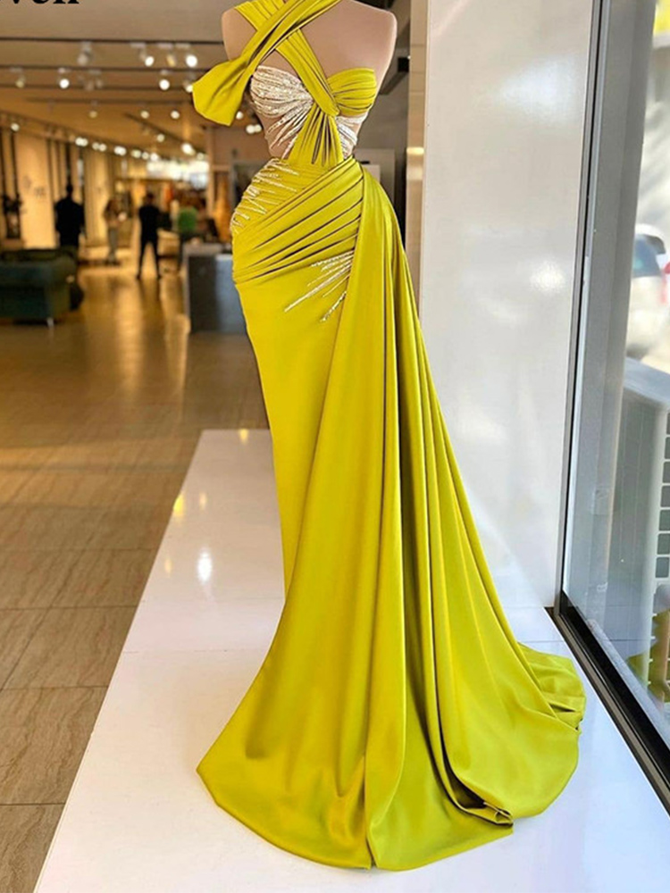 Luxury Crystal Pageant For Women One Shoulder Sleeve Split Prom Dress Sexy Green Personalized Evening Gown