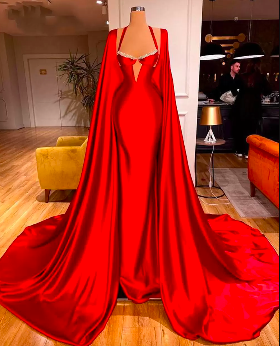 Elegant Red Satin Mermaid Prom Dresses With Long Wraps High Side Split Formal Evening Party Wear Gowns Beaded Robe De Soirée