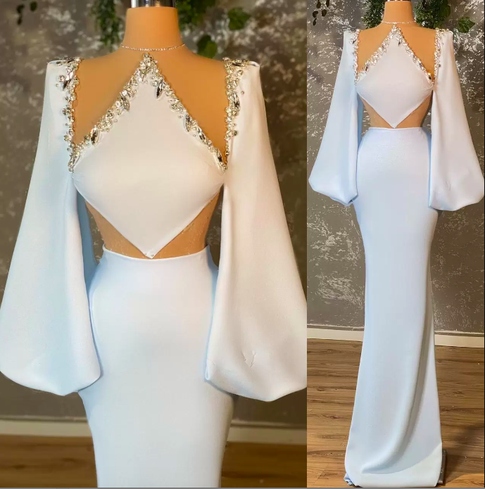 2023 Design White Mermaid Prom Dresses Lantern Sleeves Luxury Beaded Crystal Formal Evening Event Party Gowns فستان سهرة