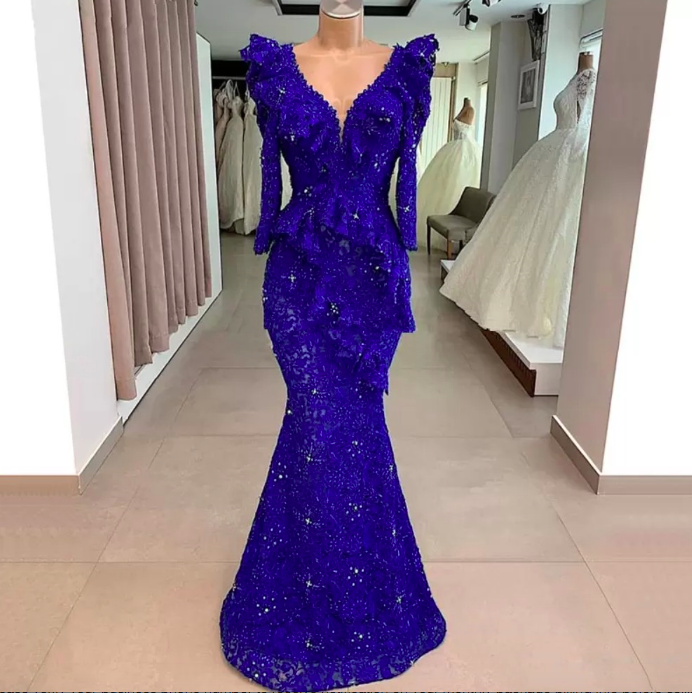 Royal Blue Lace Mermaid Evening Dresses For Women 2023 V Neck Long Sleeves Beaded Dubai Arabic Party Prom Gowns Turkish Vestidos