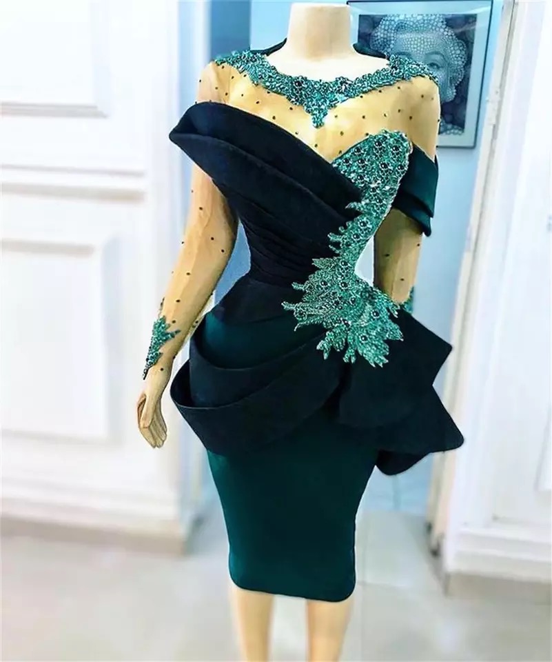 Short Evening Dresses Aso Ebi 2023 Luxury Beads Appliques O-neck Pleat Long Sleeve Formal Prom Gowns Wedding Party Dress