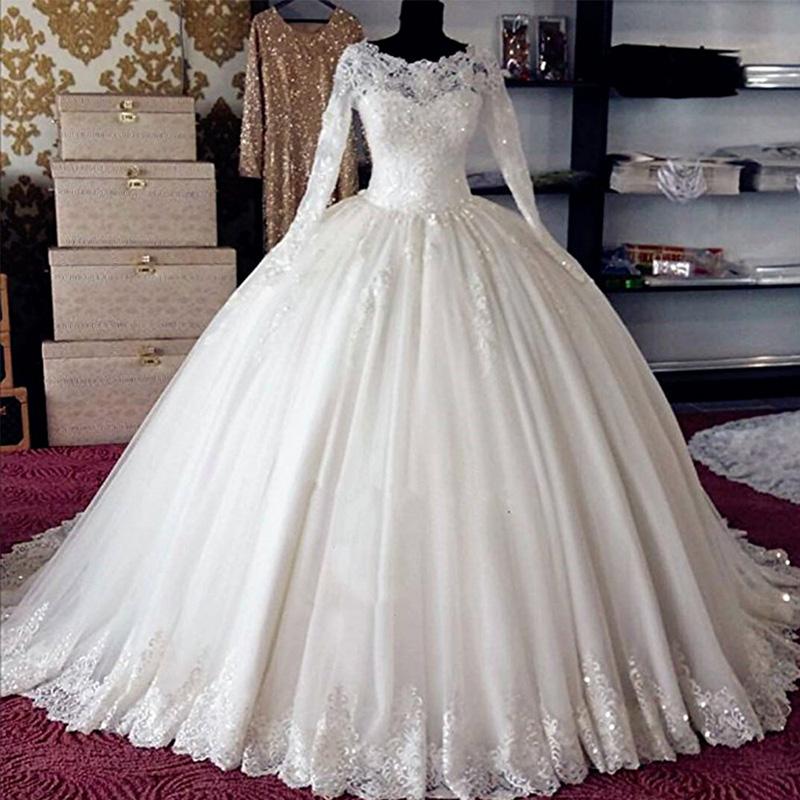 Luxury Princess Fluffy Long Sleeve Tulle Lace Beading Sequins Wedding Dresses Mariage Wedding Gowns Custom Made