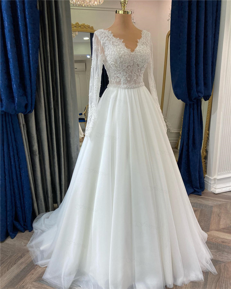 Elegant A-line Boho Wedding Gown For Bride 2023 Robe De Mariée Princess Lace Tulle Long Sleeve Wedding Bridal Dress