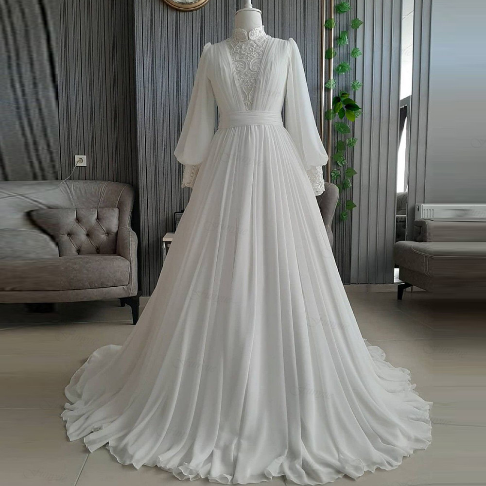 Elegant A-line Chiffon Muslim Wedding Dresses High Neck Lace Ivory Bridal Gowns For Bride Long Sleeves Robe De Mariée
