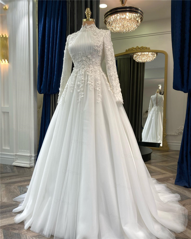 Long Sleeve Arabic Wedding Dresses Beaded Pearls Lace Bridal Gowns –  ROYCEBRIDAL OFFICIAL STORE