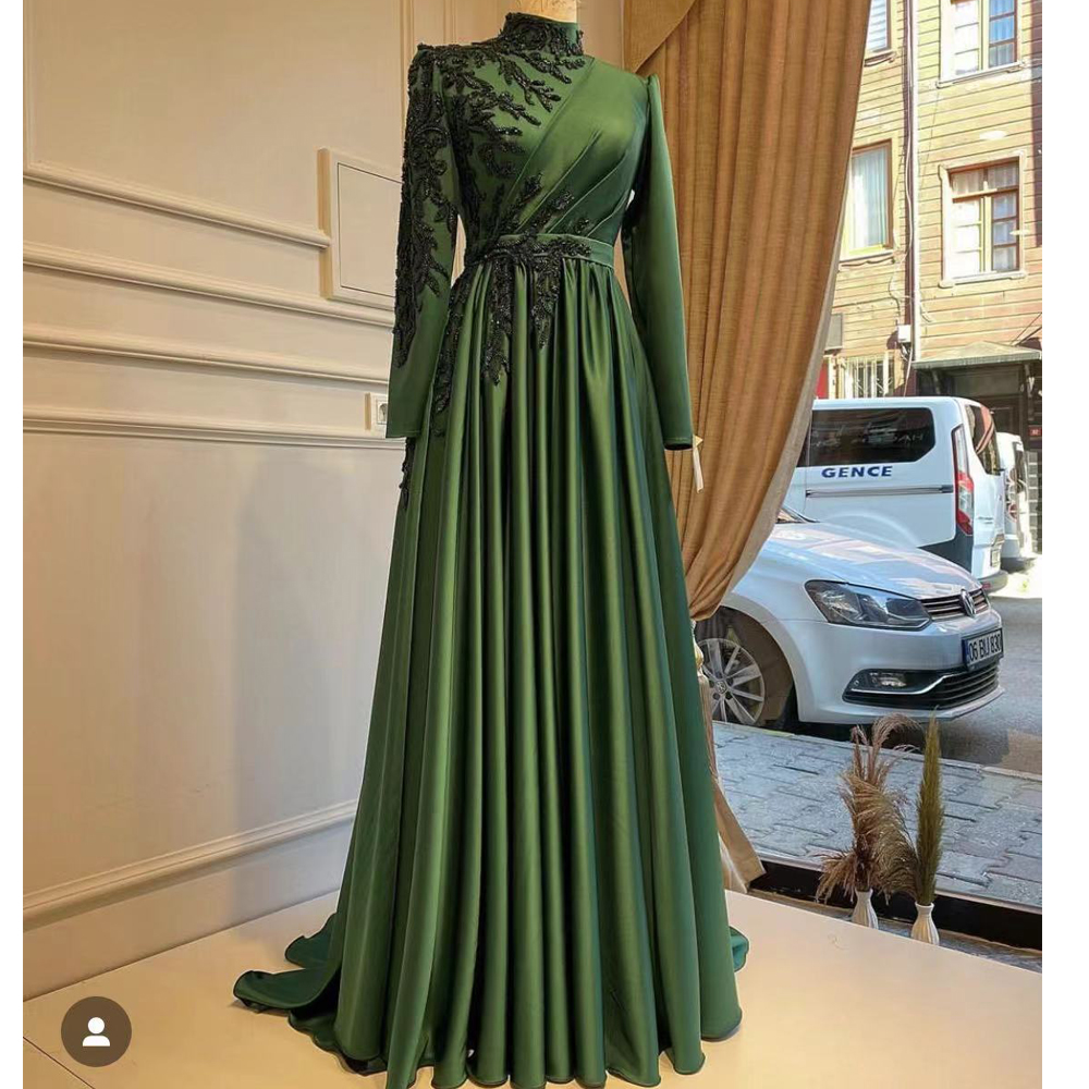 Green Prom Dresses, Long Sleeve Prom Dresses, Beaded Prom Dresses, A Line Prom Dresses, Modest Prom Dresses, Muslim Prom Dresses, Long Sleeve