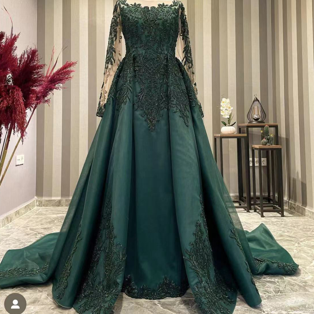 Green Prom Dresses, Lace Prom Dresses, Long Sleeve Prom Dresses, Custom Make Evening Dresses, Lace Appliques Evening Gowns, Green Evening
