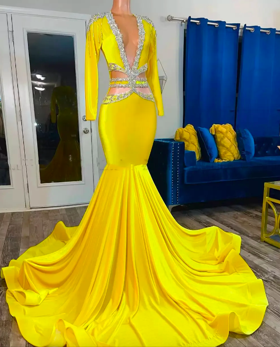 Yellow Velvet Beaded Mermaid Prom Dresses 2023 Sexy V Neck Long Sleeves Backless African Black Girls Evening Gowns Robes De Soiree