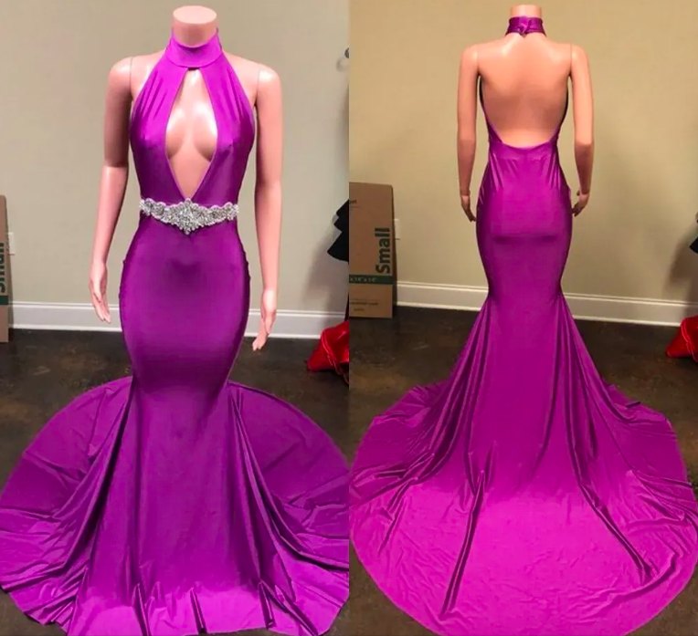 2023 Purple Mermaid Prom Dresses Halter Elastic Satin Plunging V Custom Made Crystals Beaded Ruched Evening Party Gowns Vestidos Formal Occasion