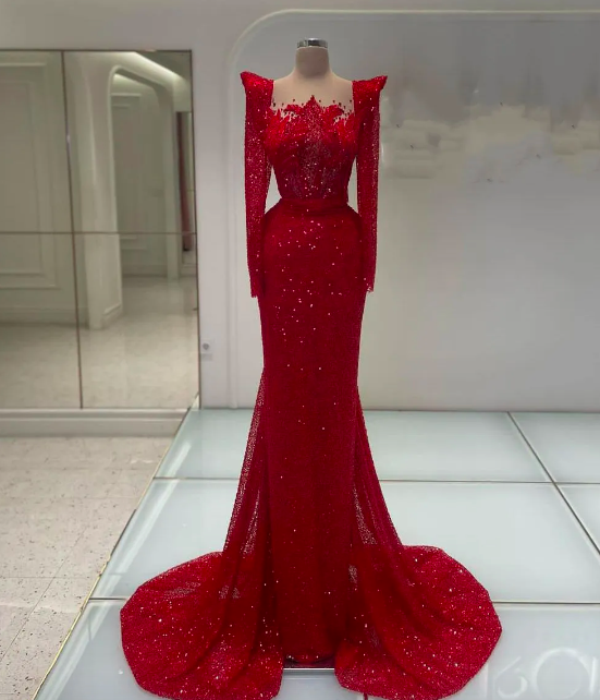 Red Mermaid Prom Dresses Long Sleeves Bateau 3D Lace Hollow Beaded Appliques Sequins Floor Length Celebrity Sparkly Formal Evening Dresses Plus Size Custom Made