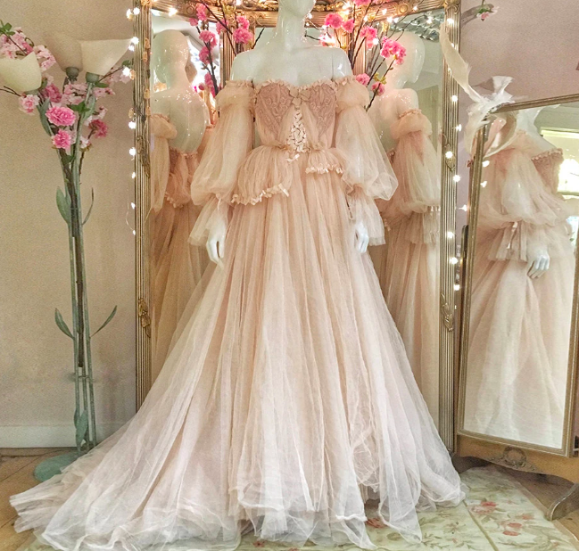 Fairy Blush Tulle Prom Dresses Off Shoulder Long Sleeves Ribbons A-line Wedding Party Dresses 2021 Formal Evening Gowns
