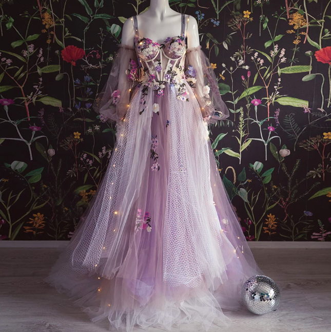 Fairy Lavender Sweetheart Tulle Prom Dresses Puff Sleeves Floral Appliques A-line Formal Party Dresses Long Prom Gowns