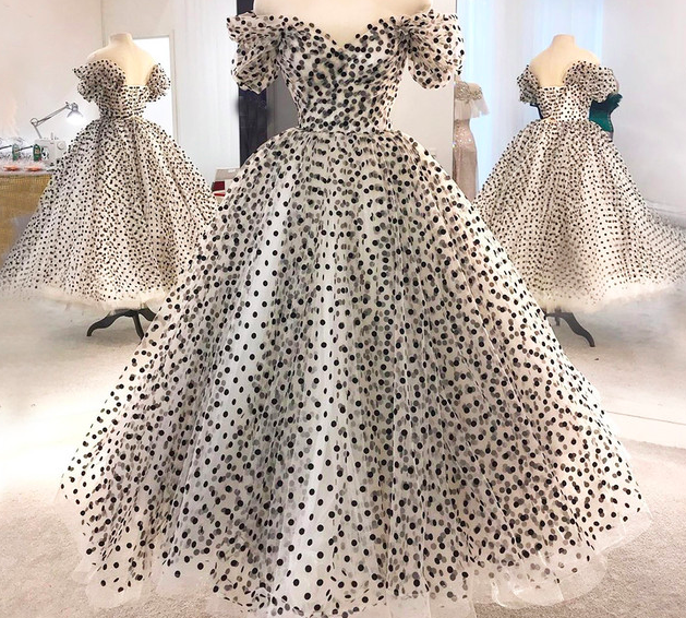 Polka Dots Tulle Prom Dresses Sweetheart Off The Shoulder Ball Gown Formal Dresses Ankle-length Ruched Midi Party Dresses