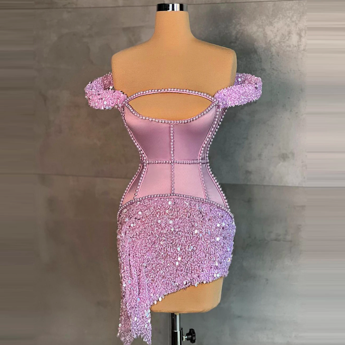 sexy beaded wedding dress A Line V Neck Short Purple Prom Dresses, Short Purple Beaded Formal Ho –  jbydress main image 0