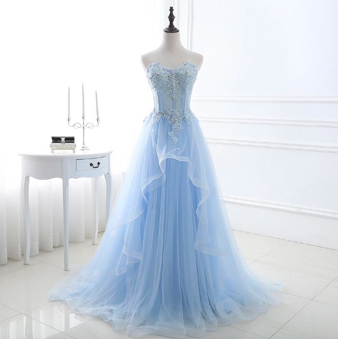 Light Blue Prom Dresses Long Sexy Sweetheart A-line Tulle Lace Applique Beaded Crystal Women Formal Party Gown