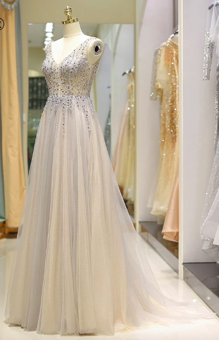 Evening Dresses Design Sexy Light Illusion Tulle Beading V-neck Sleeveless Elegant A-line Long Prom Formal Gowns