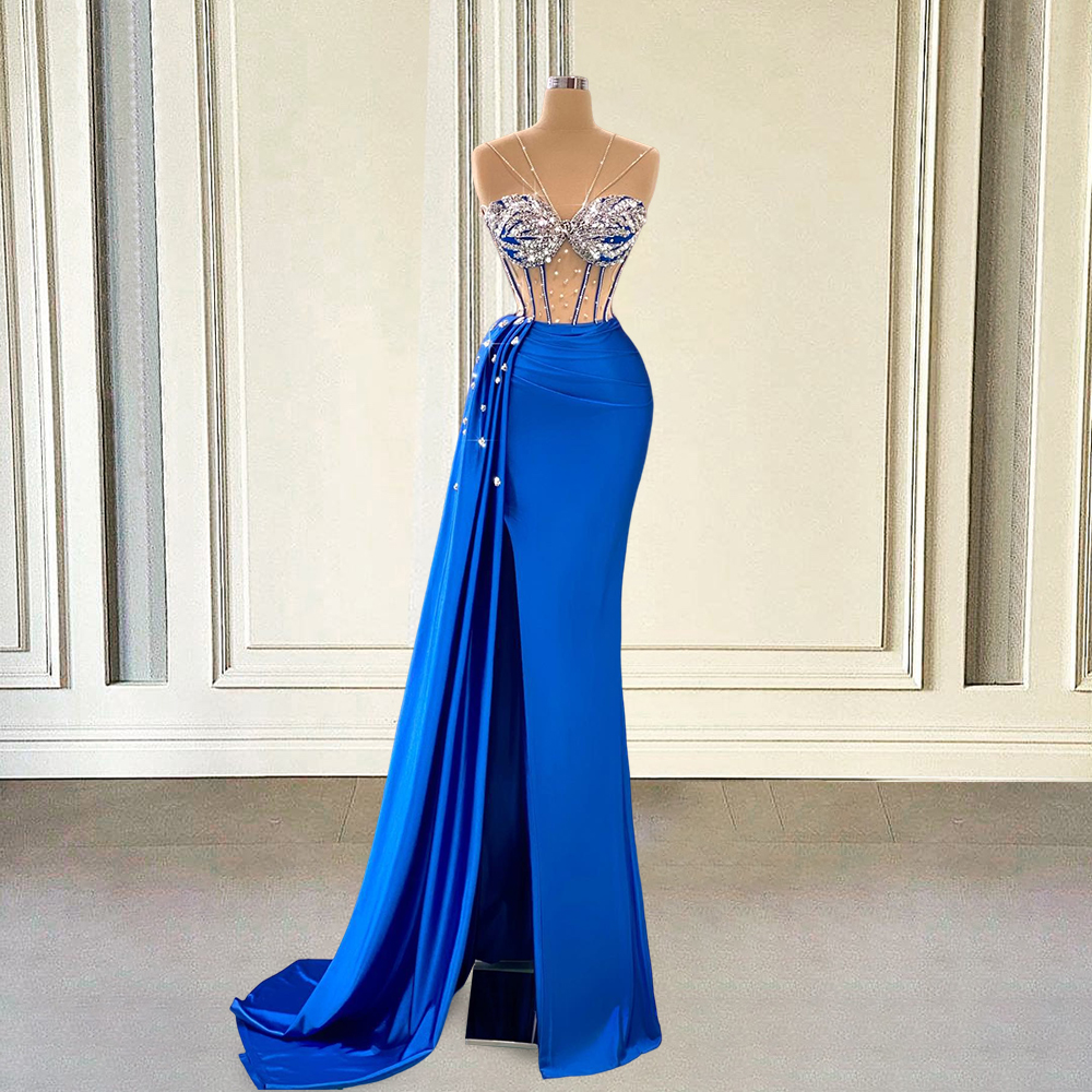 Glitter Beaded Blue Long Prom Dresses Mermaid For Graduation Sexy Sheer Mesh With Slit Gils Women Formal Evening Party Gown
