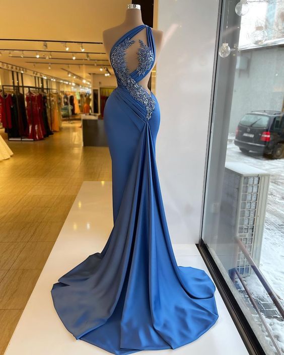 Blue Prom Dresses, One Shoulder Prom Dresses, Sexy Prom Dresses, Sashes Prom Dresses, Satin Prom Dresses, Evening Gowns, Blue Evening Dresses,