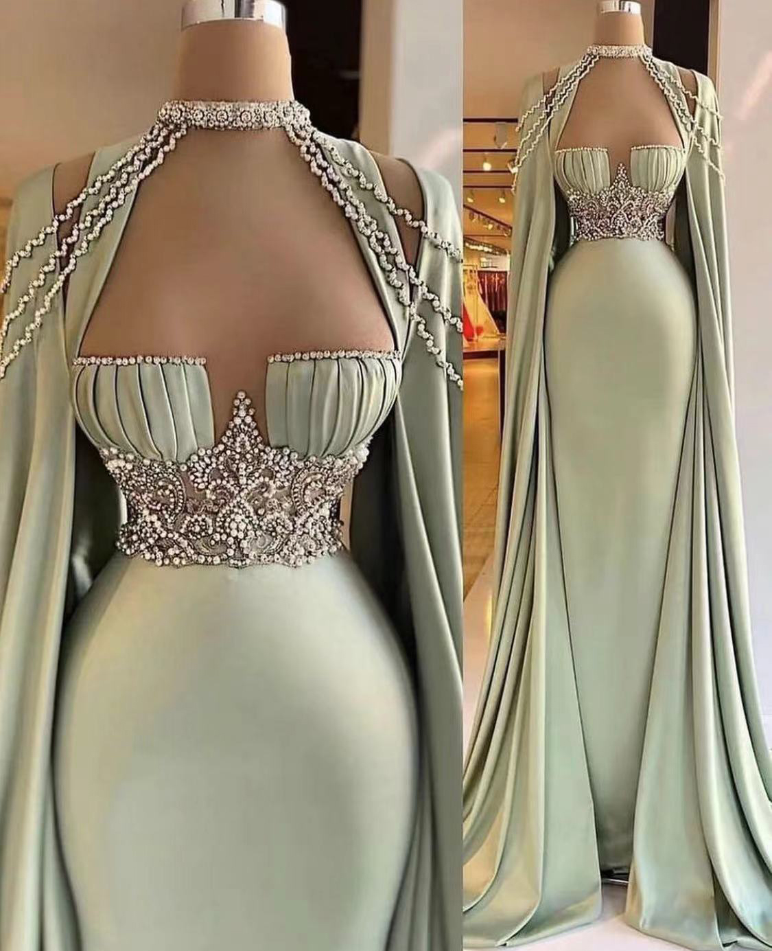 Green Prom Dresses, Sexy Prom Dresses, Evening Dresses, 2023 Prom Dresses, Pearls Prom Dresses, Sexy Evening Gowns, Custom Make Evening