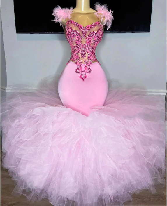 Luxury Pink Mermaid Prom Dresses For Black Girls Ruffles Beads Feathers Formal Party Evening Dress Robe De Bal
