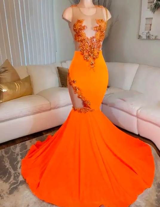 Mordern Orange Satin Mermaid Prom Dresses For Arabic Women 2023 Sheer Neck Sweep Train Lace Appliques Plus Size Formal Evening Occasion Gowns