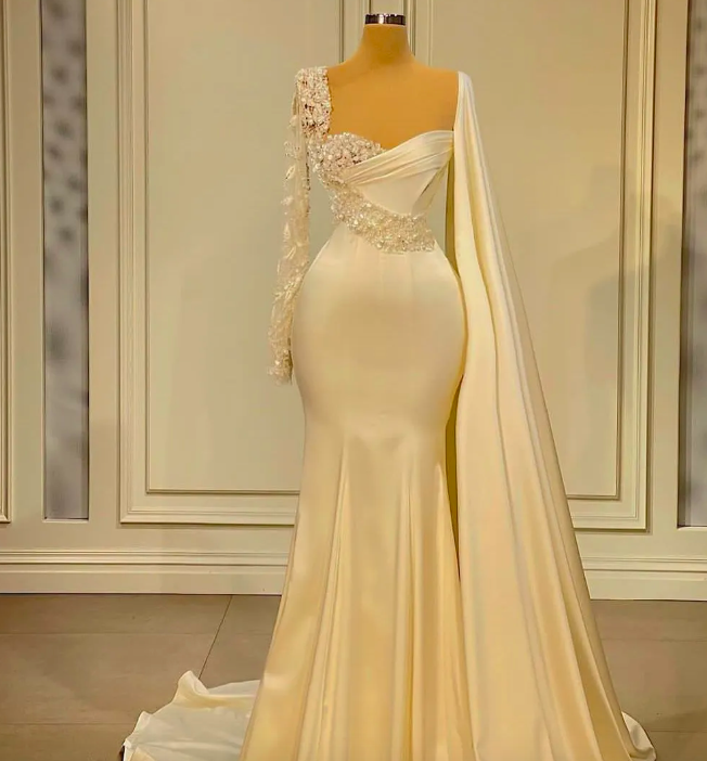 Elegant Mermaid Prom Dresses One Long Sleeve V Neck Cape Appliques Sequins Floor Length Celebrity Lace Satin Pearls Evening Dress Bridal Gowns