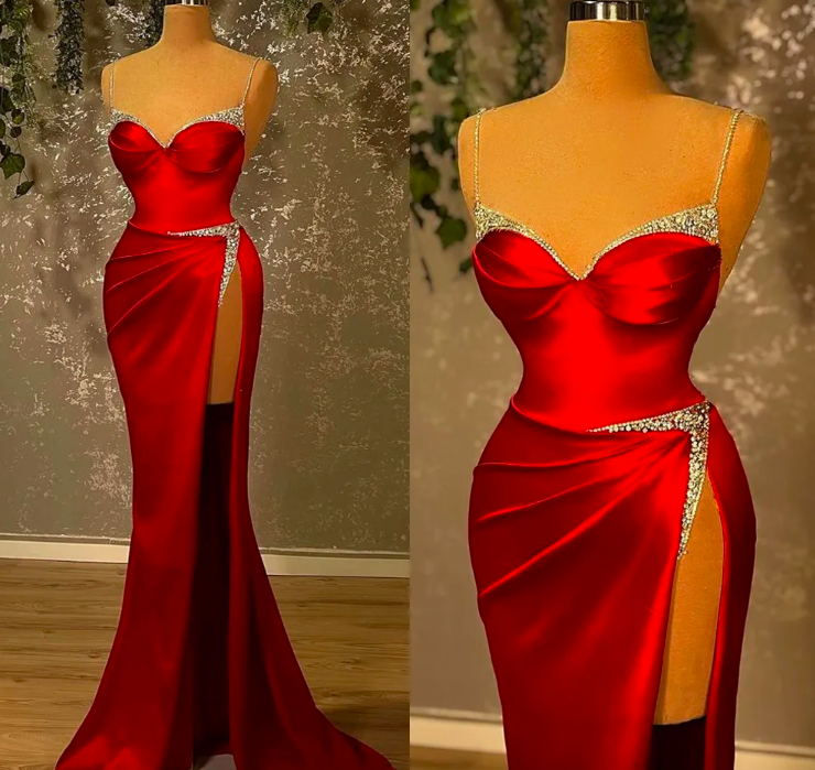 Sexy Red High Thigh Split Evening Prom Dresses 2023 Latest Mermaid Spaghetti Straps Beads Sequined Satin Long Robes de Ball