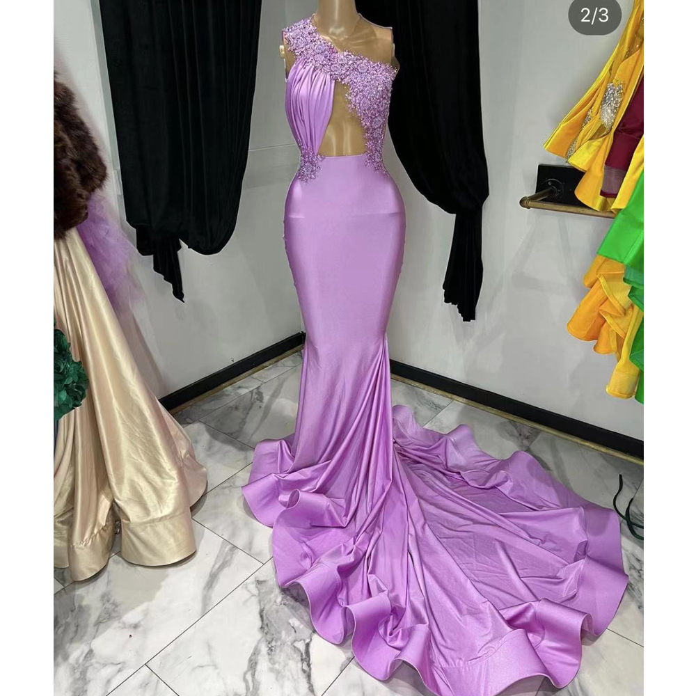 Light Purple Prom Dresses, One Shoulder Prom Dresses, Mermaid Prom Dresses, Custom Make Evening Dresses, Satin Evening Gowns, Lace Appliques