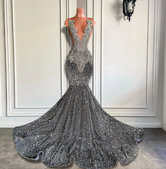 Sexy Long Sparkly Prom Dresses 2023 Sheer O-neck Luxury Silver Crystals Diamond Sequin Mermaid Black Girl Prom Party Gowns