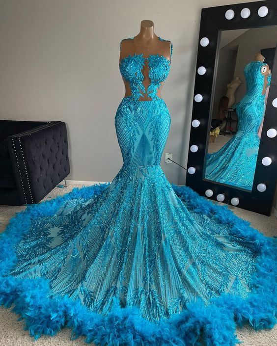 Blue Prom Dresses, Sequins Prom Dresses, Sexy Prom Dresses, Custom Make Evening Dresses, Feather Prom Dresses, Evening Dresses, Evening