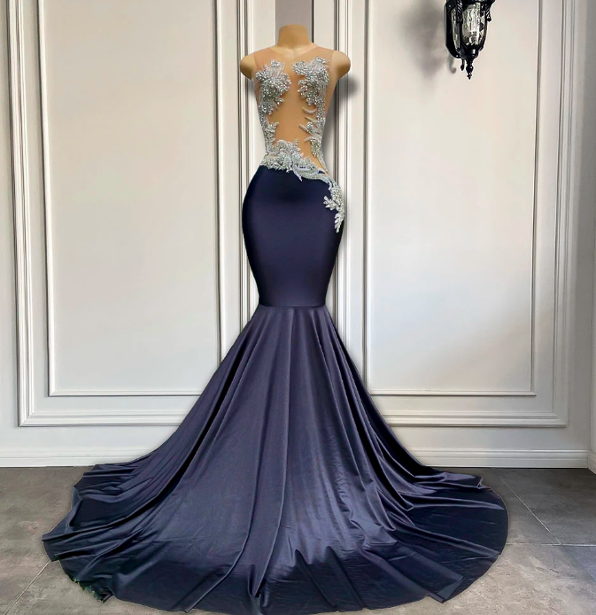 Long Black Prom Dresses 2023 Sheer O-neck Sparkly Luxury Diamond Crystals Spandex African Girls Mermaid Prom Party Gowns