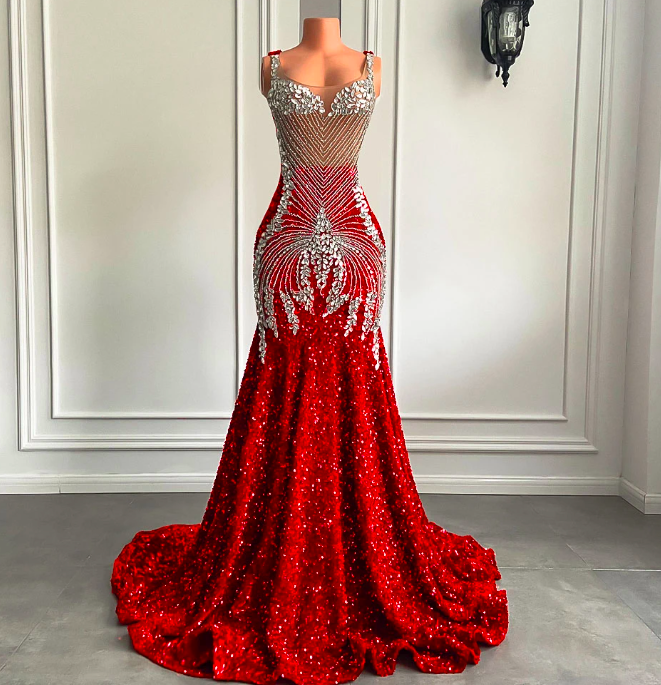 Long Red Prom Dresses 2023 Sparkly Luxury Silver Diamond Crystals Mermaid Style Fitted Black Girl Sheer Mesh Prom Gala Gowns