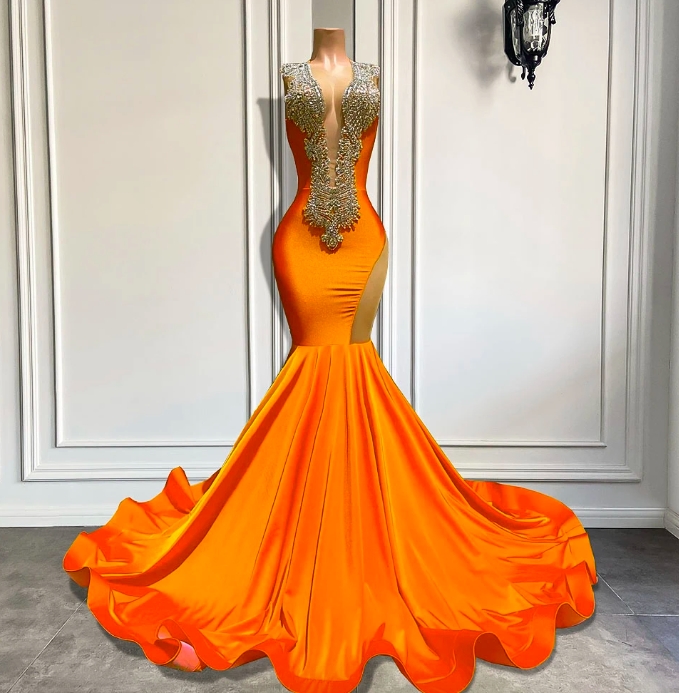 Orange Long Prom Dresses 2023 Sexy Mermaid Style Sheer O-neck Sparkly Luxury Silver Diamond Spandex Black Girls Prom Gowns