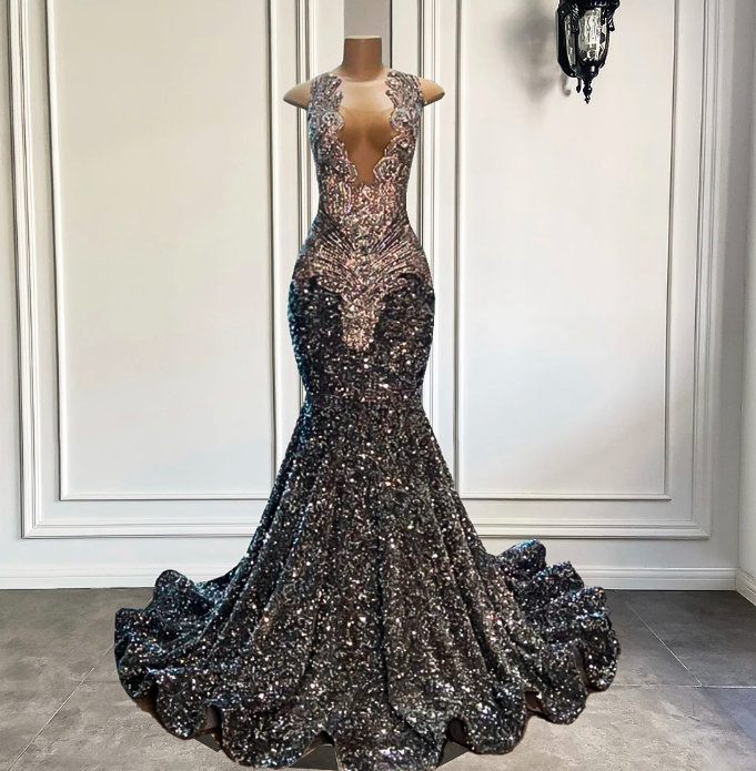 Luxury Long Prom Dresses 2023 Sexy Mermaid Style Fitted Sparkly Silver Diamond Sequin Black Girls Prom Gala Formal Prom Gowns