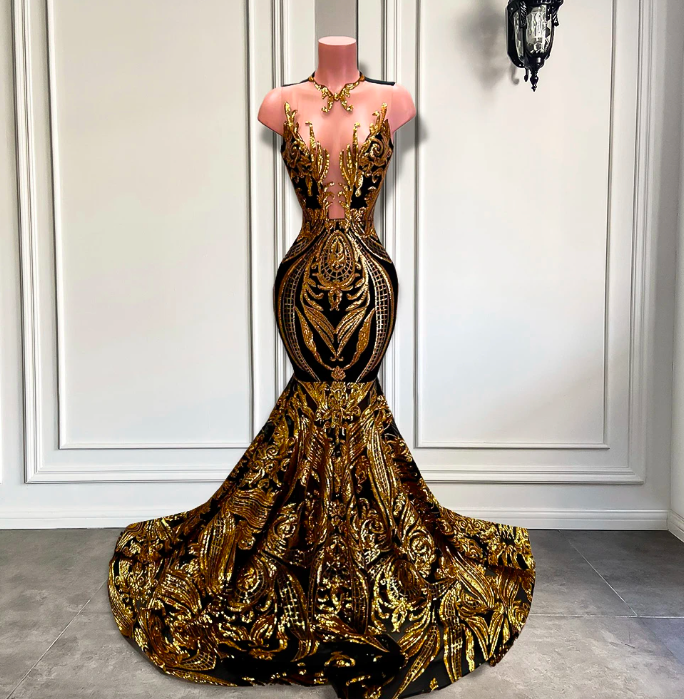 Black And Gold Sequin Black Girl Long Prom Dresses 2023 Sexy Sheer Mermaid Style Women Prom Formal Gala Party Gowns