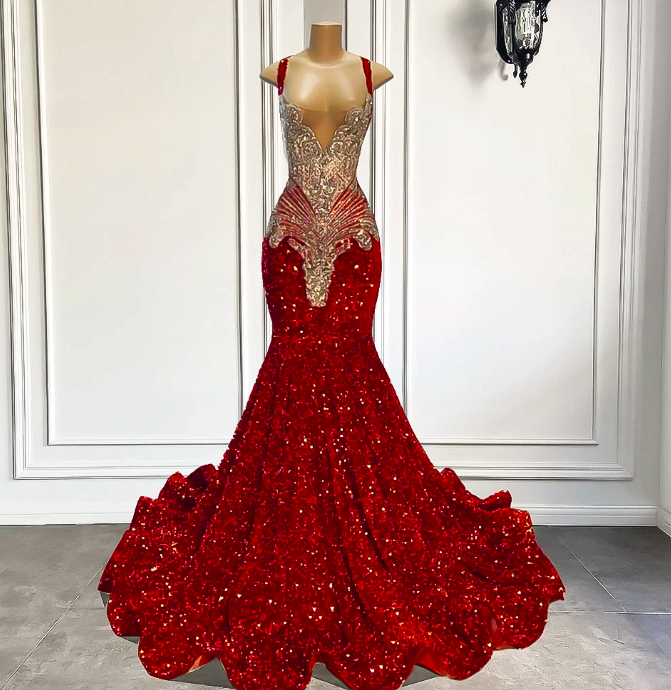 Elegant Sheer Scoop Neckline Luxury Sparkly Silver Handmade Diamond Red Spandex Black Girl Mermaid Long Classy Prom Dress main image 0
