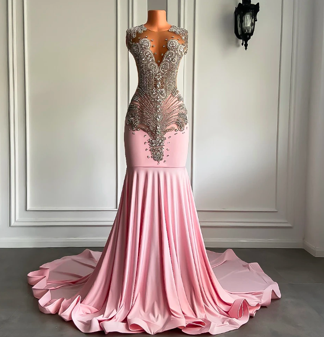 Long Pink Prom Dresses 2023 Sheer Mesh Top Luxury Sparkly Silver ...