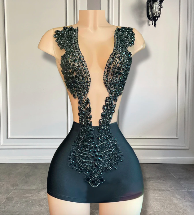Luxury See Through Black Spandex Short Prom Dresses 2023 Luxury Crystals Diamond Women Birthday Cocktail Party Formal Gowns