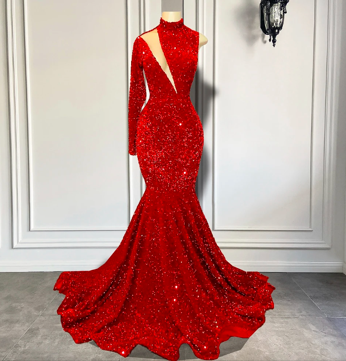Single Long Sleeve Prom Dresses 2023 High Neck Sexy Mermaid Style Sparkly Red Sequin Black Girl Prom Gala Party Gowns