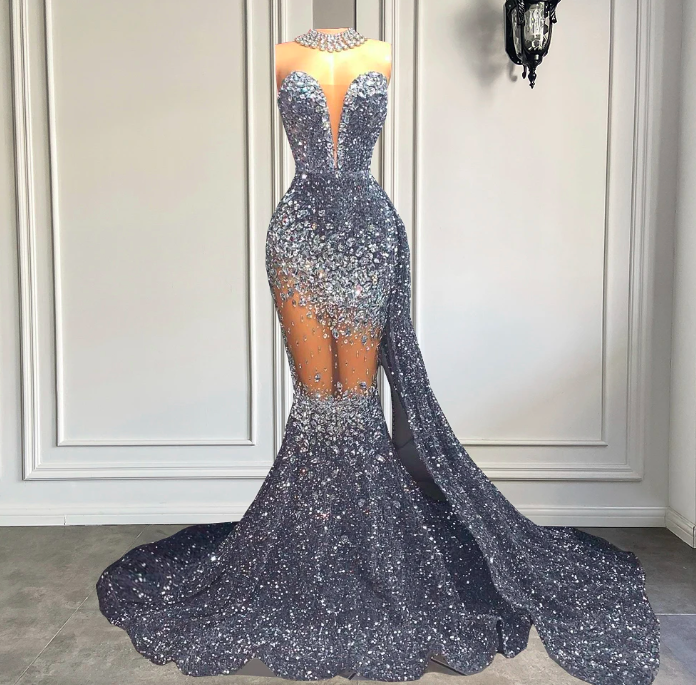 Customized (can Not Be Refund) Long Sparkly Prom Dresses 2023 Luxury Silver Diamond Crystals Black Girl Sequin Mermaid Prom Gowns With Side Train