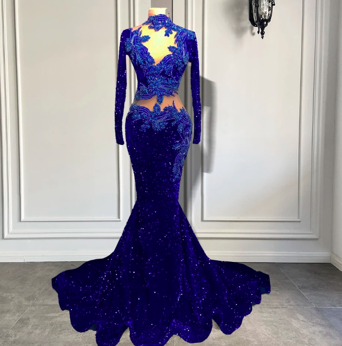 Customized (Can Not Be Refund) Long Sleeve Prom Dresses 2023 High Neck Luxury Beaded Embroidery Royal Blue Sparkly Sequin Mermaid Black Girl Prom