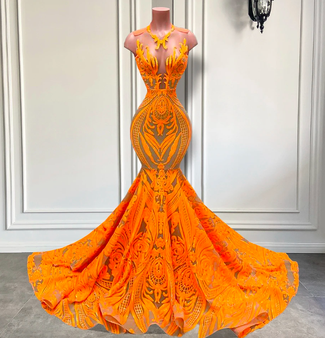 Long Sparkly Prom Dresses 2023 Elegant Mermaid Style Sheer O-neck Orange Sequin Black Girl Formal Prom Party Gala Gowns